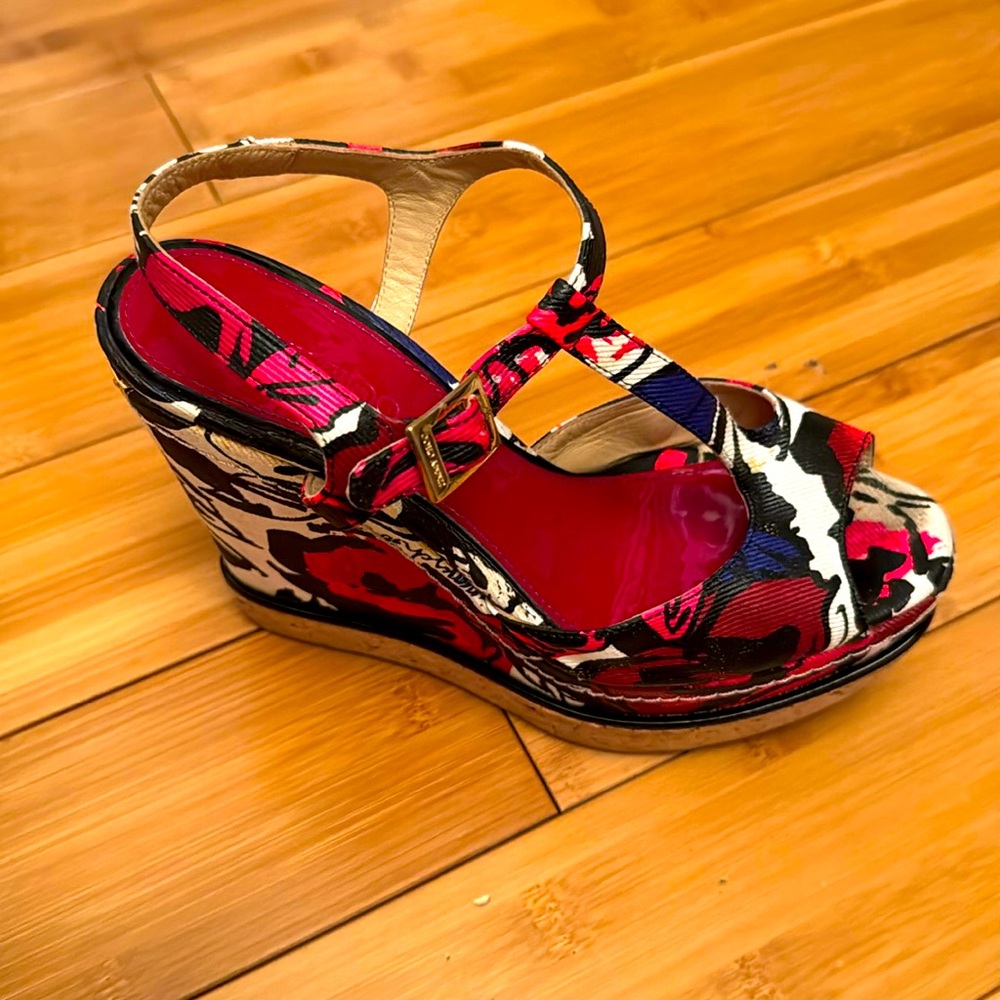 Jimmy Choo London Winter Rose wedge sandals -Pink/Blue/White/black Floral design